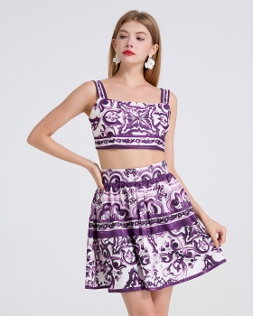 Printing small skirt splice sling tops 2pcs set