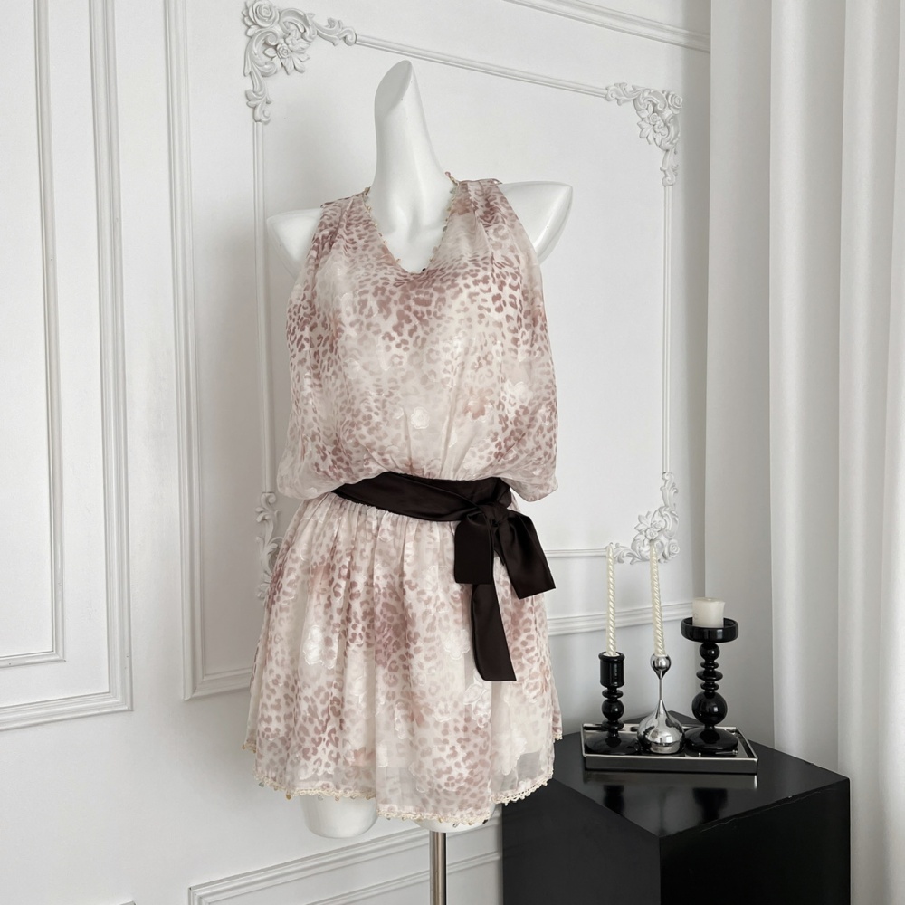 Jacquard leopard pinched waist low-waist dress