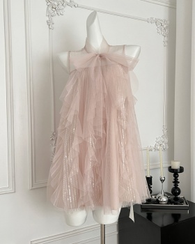 Bow irregular sleeveless gauze frenum enticement dress
