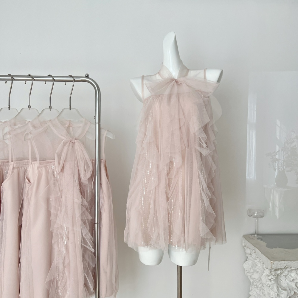 Bow irregular sleeveless gauze frenum enticement dress