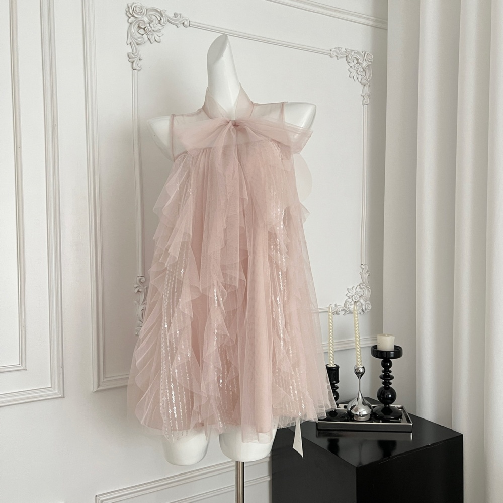 Bow irregular sleeveless gauze frenum enticement dress