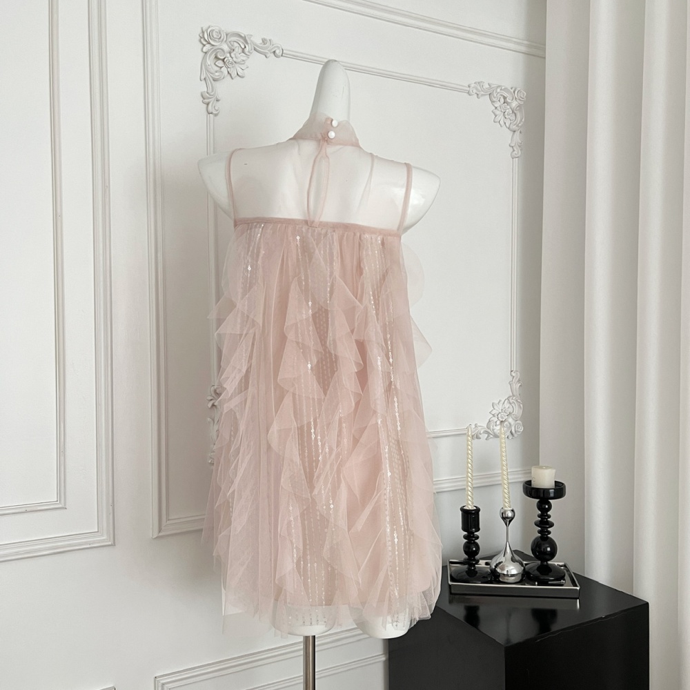 Bow irregular sleeveless gauze frenum enticement dress