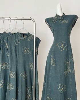 Denim retro cheongsam temperament butterfly dress