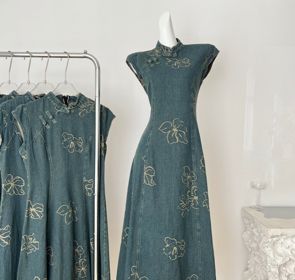 Denim retro cheongsam temperament butterfly dress