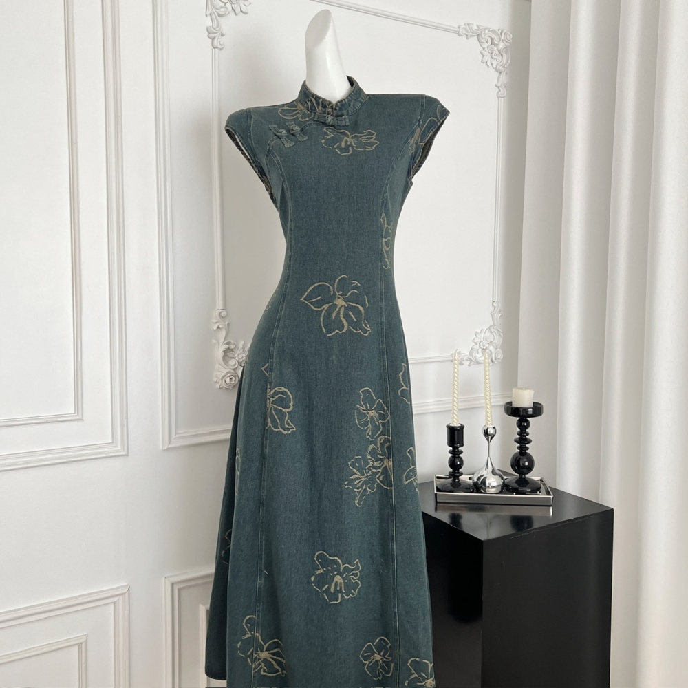 Denim retro cheongsam temperament butterfly dress