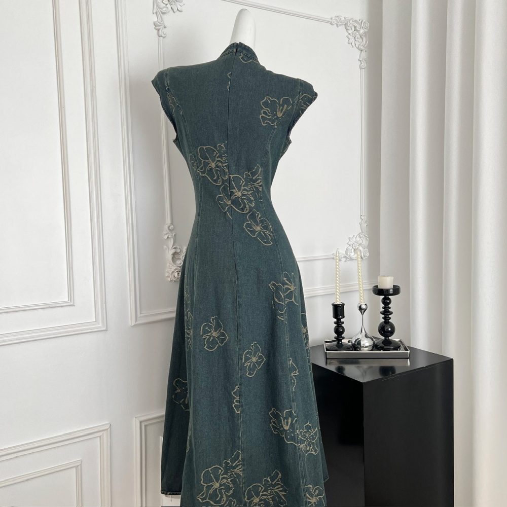 Denim retro cheongsam temperament butterfly dress