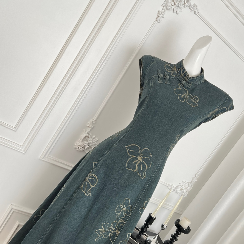 Denim retro cheongsam temperament butterfly dress