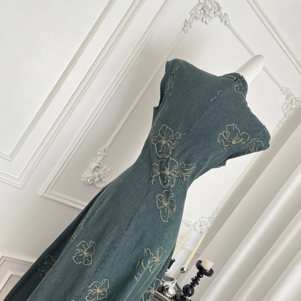 Denim retro cheongsam temperament butterfly dress