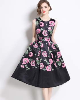 Pinched waist printing retro long slim sleeveless dress