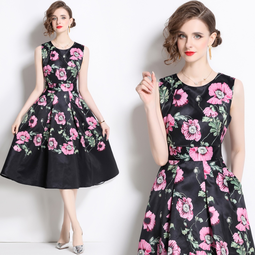 Pinched waist printing retro long slim sleeveless dress