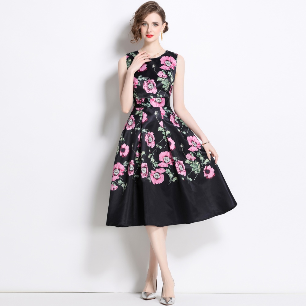 Pinched waist printing retro long slim sleeveless dress