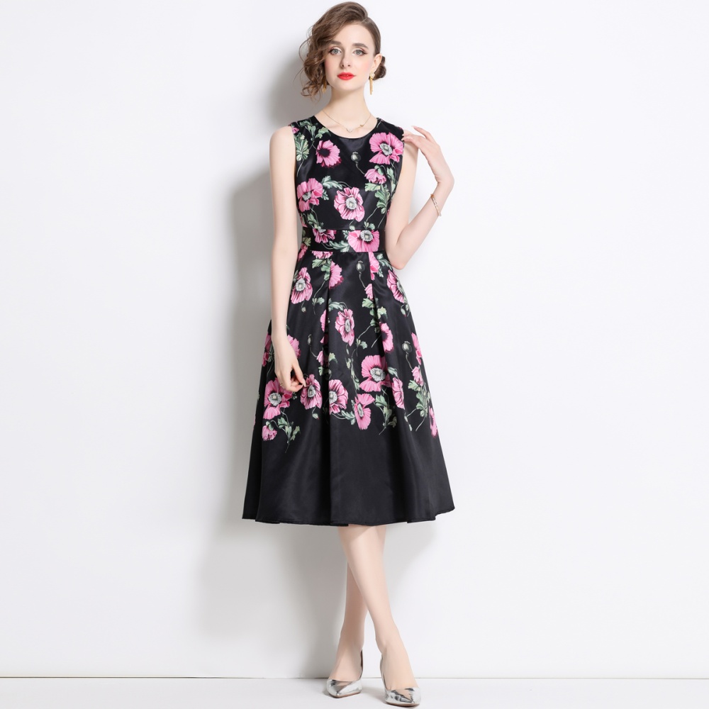 Pinched waist printing retro long slim sleeveless dress