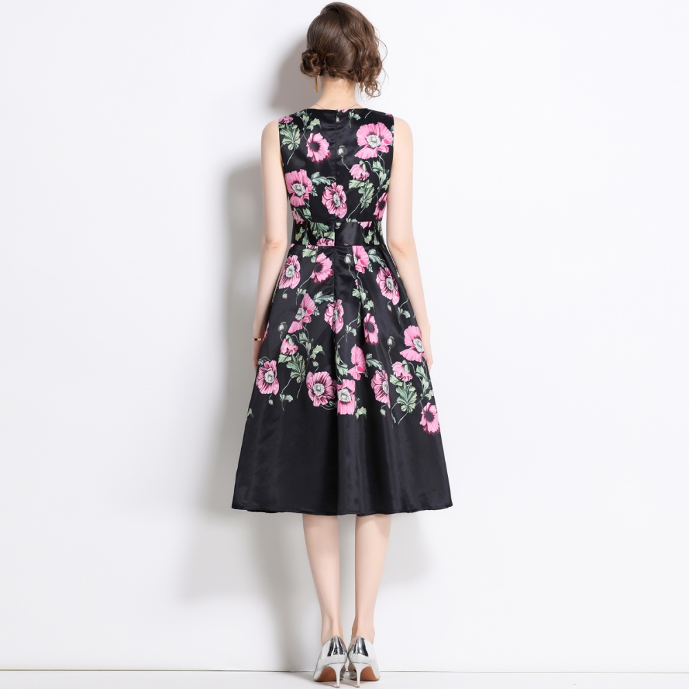 Pinched waist printing retro long slim sleeveless dress