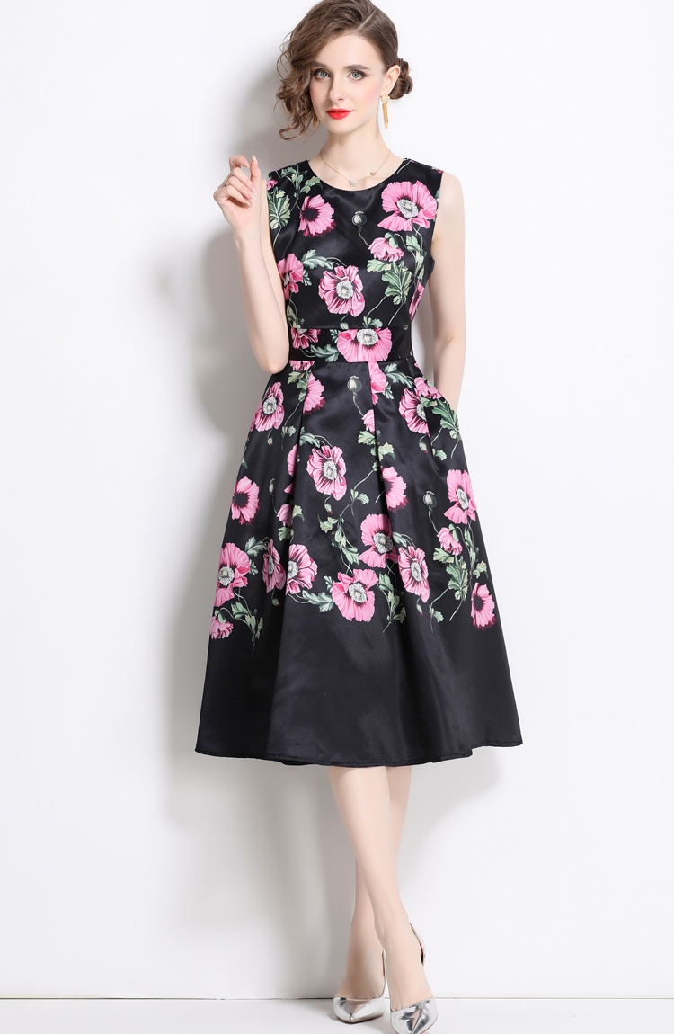Pinched waist printing retro long slim sleeveless dress