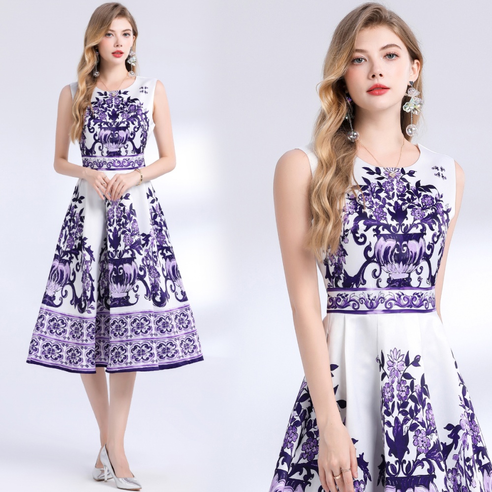 Pinched waist long printing sleeveless slim dress