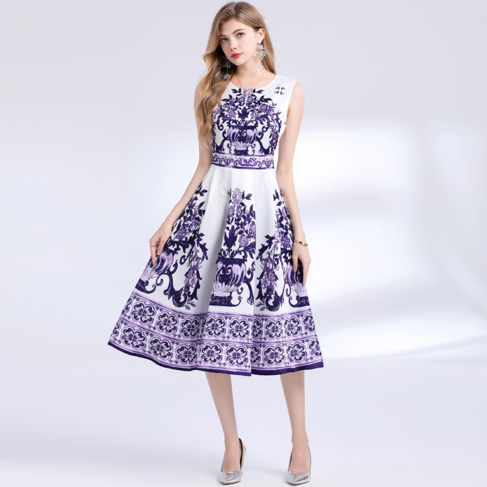 Pinched waist long printing sleeveless slim dress