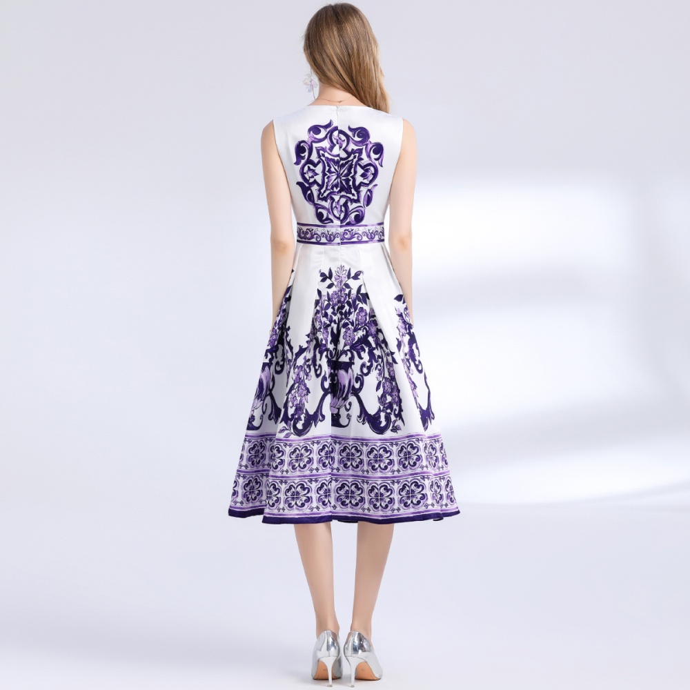 Pinched waist long printing sleeveless slim dress