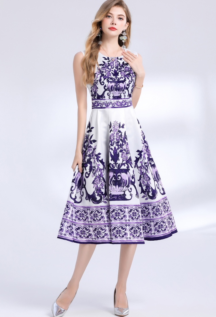 Pinched waist long printing sleeveless slim dress