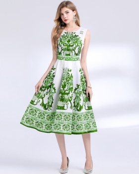 Retro slim sleeveless long printing dress