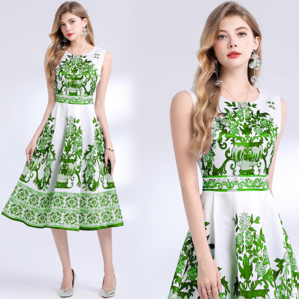 Retro slim sleeveless long printing dress