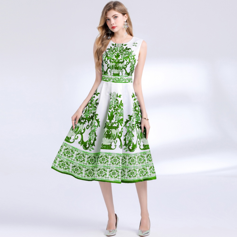 Retro slim sleeveless long printing dress