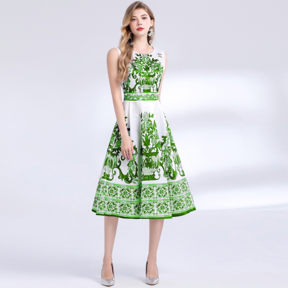 Retro slim sleeveless long printing dress