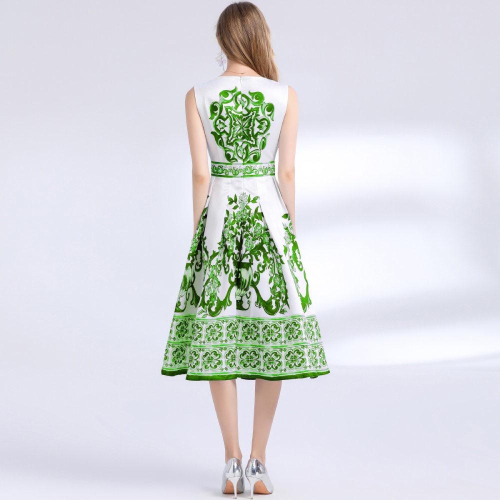 Retro slim sleeveless long printing dress