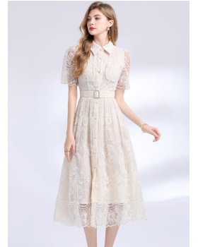 Embroidery with belt slim long light luxury dress