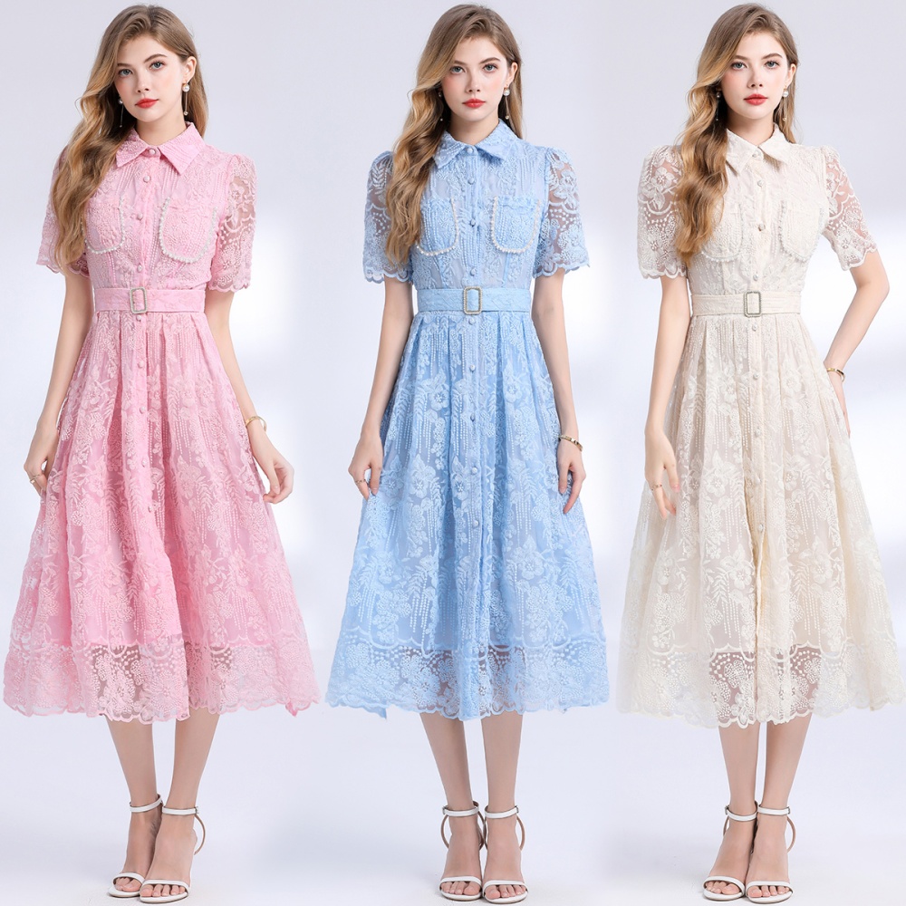 Embroidery with belt slim long light luxury dress