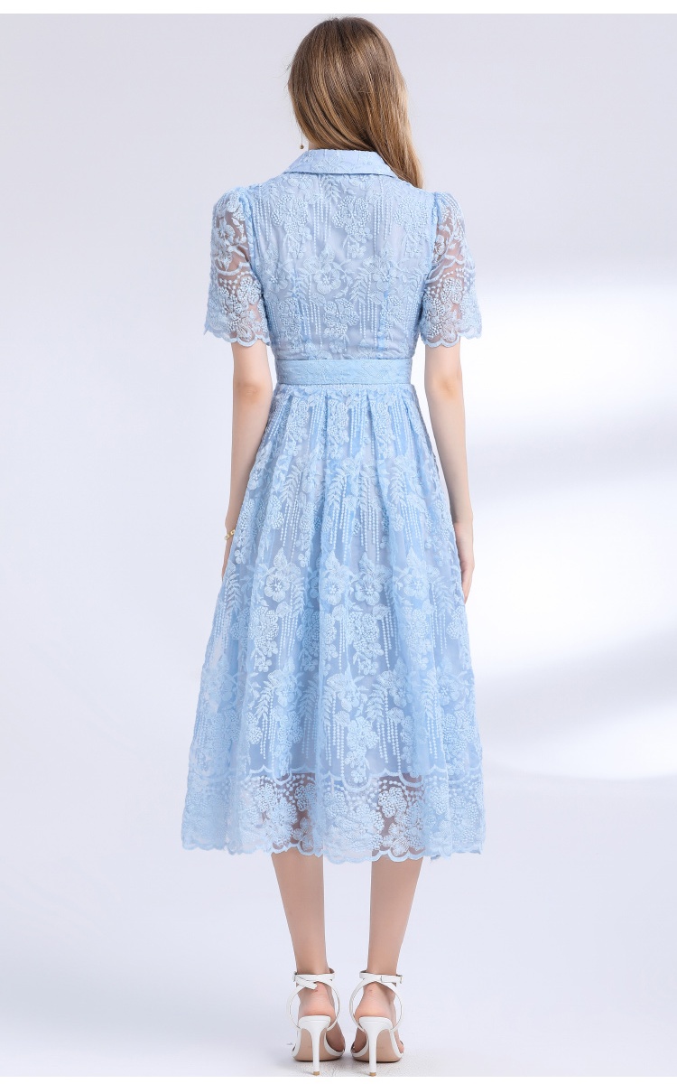 Embroidery with belt slim long light luxury dress