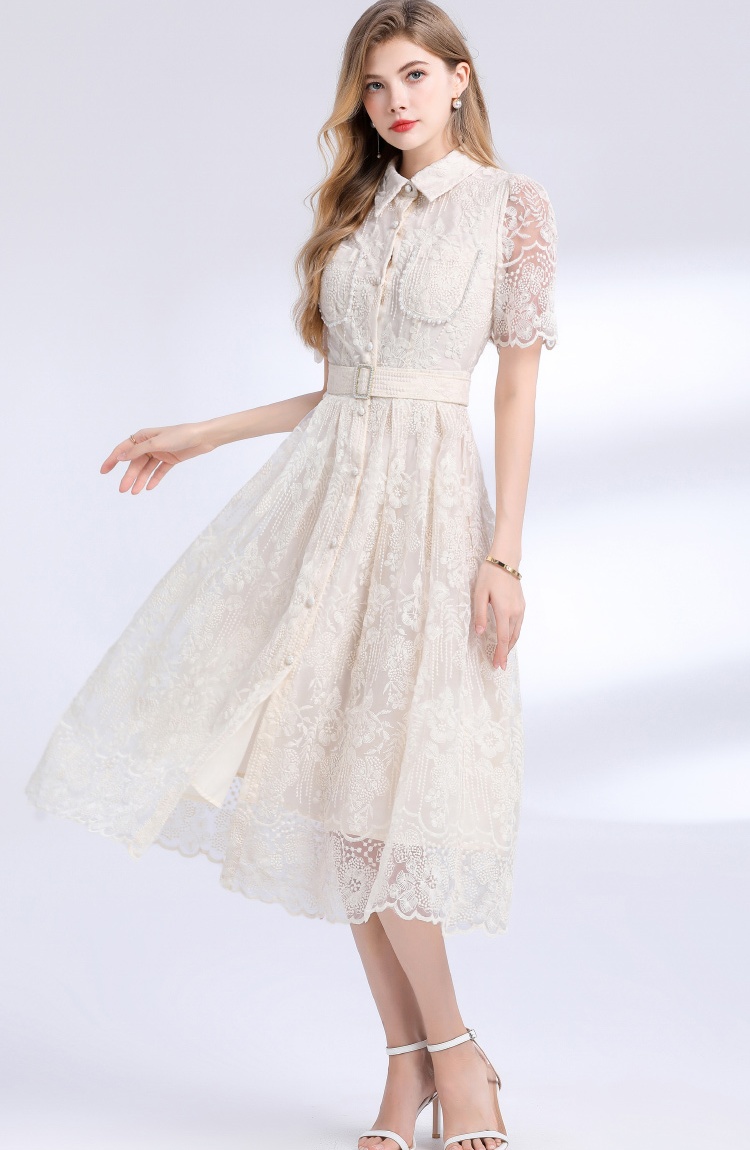 Embroidery with belt slim long light luxury dress