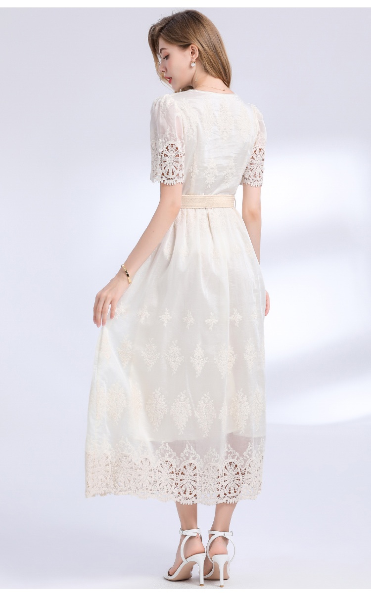 Embroidery with belt slim long light luxury dress