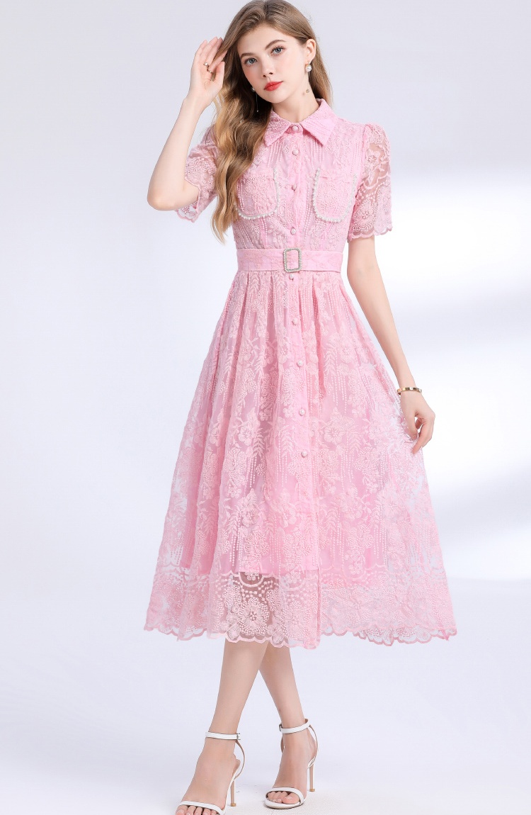 Embroidery with belt slim long light luxury dress