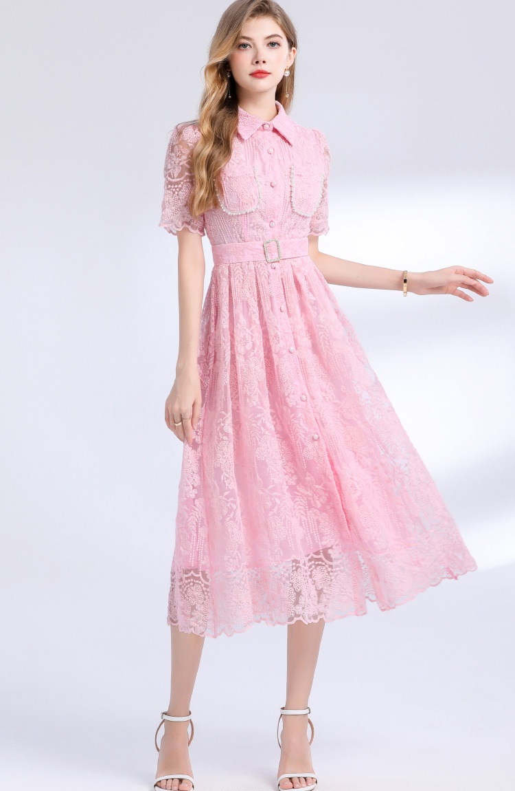 Embroidery with belt slim long light luxury dress