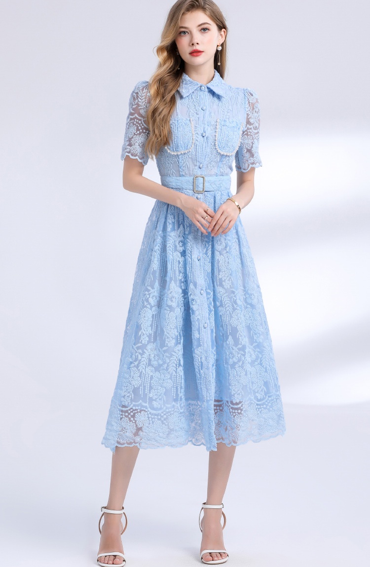 Embroidery with belt slim long light luxury dress