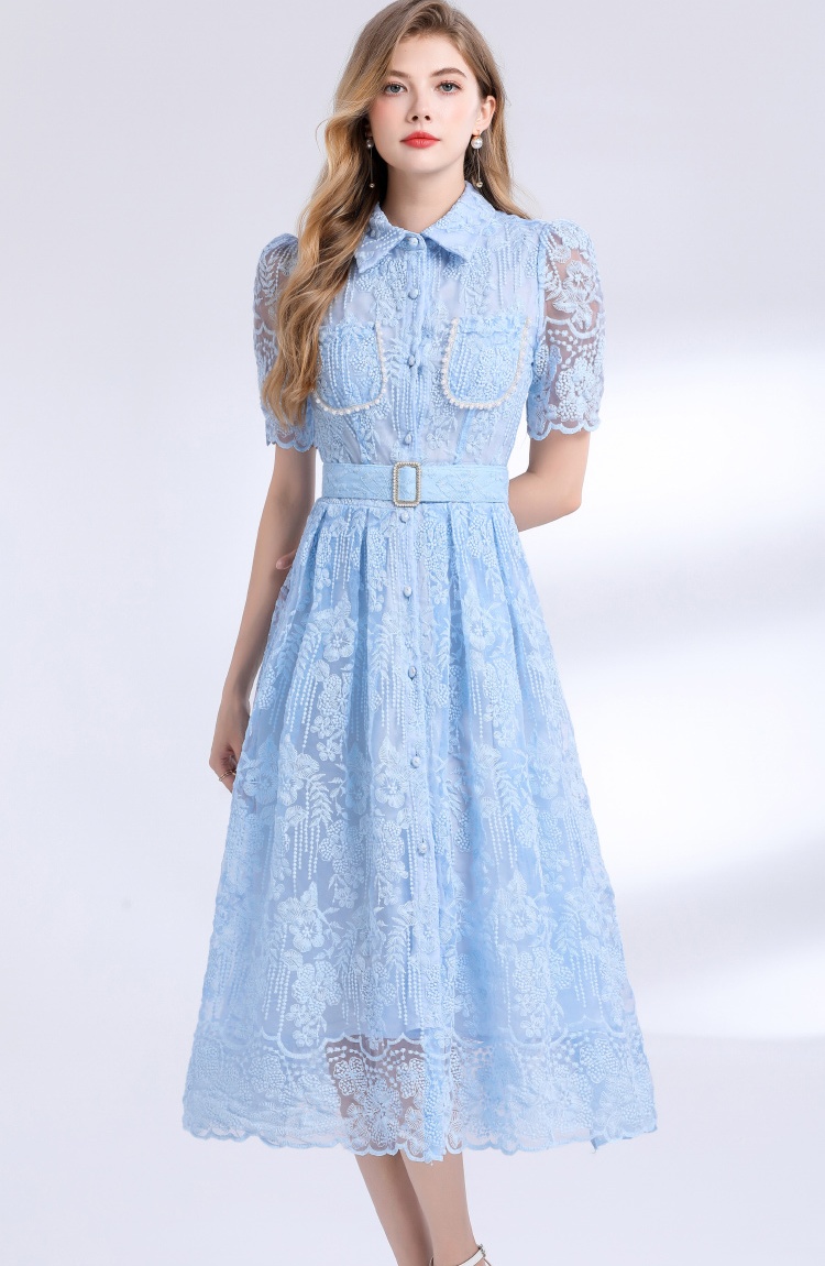 Embroidery with belt slim long light luxury dress