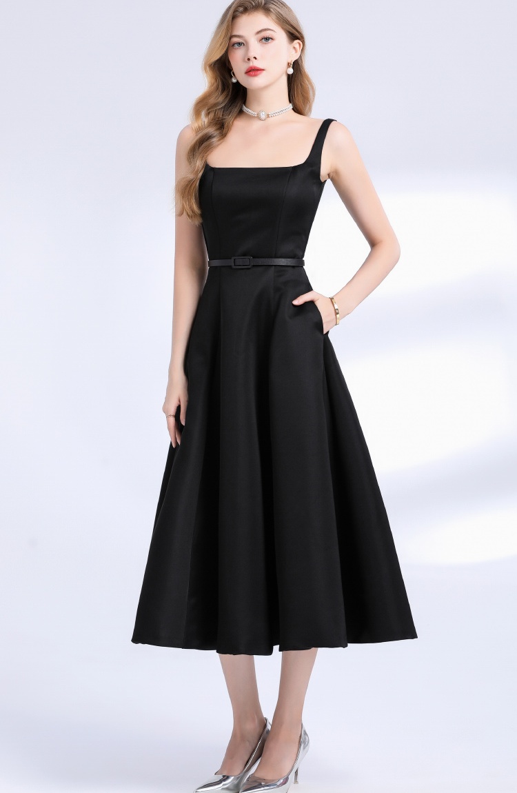 Sling temperament with belt France style sleeveless dress