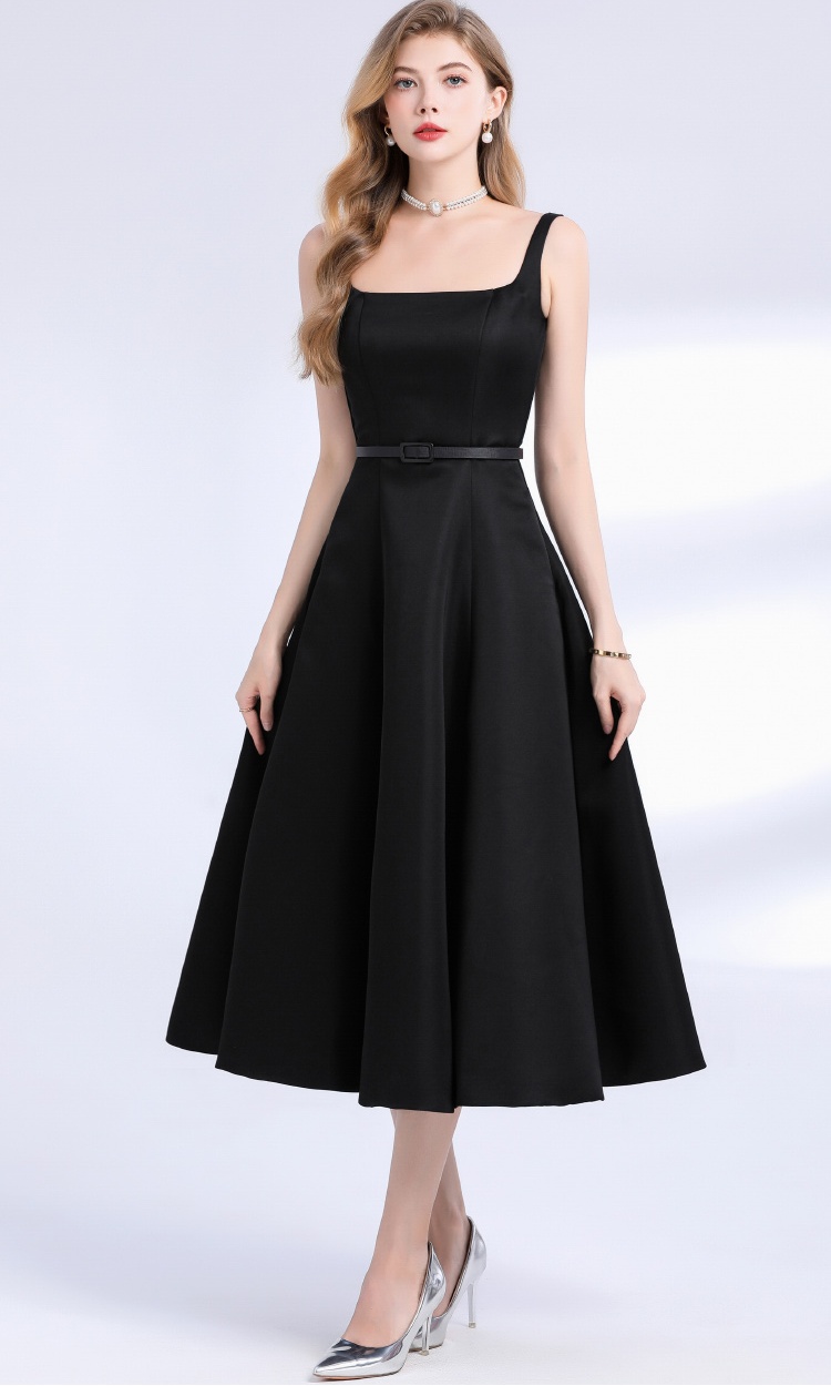 Sling temperament with belt France style sleeveless dress