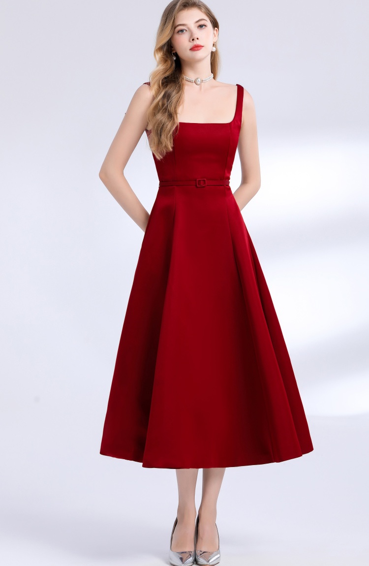 Sling temperament with belt France style sleeveless dress