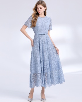 Short sleeve commuting rhinestone round neck dress
