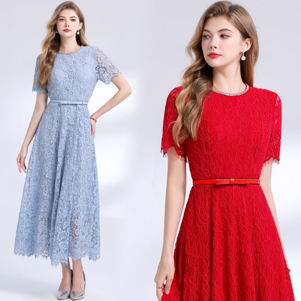 Short sleeve commuting rhinestone round neck dress