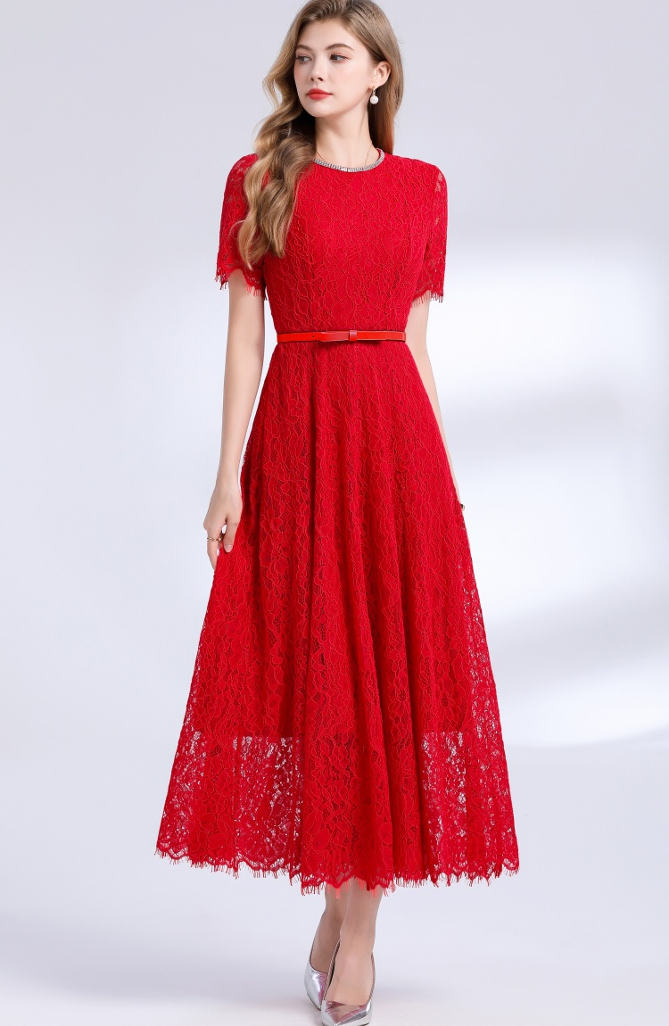 Short sleeve commuting rhinestone round neck dress