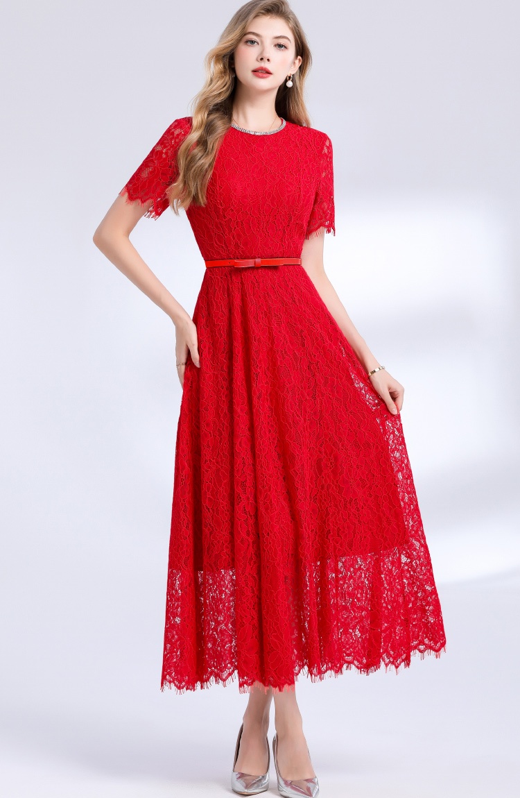 Short sleeve commuting rhinestone round neck dress