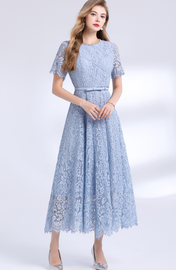 Short sleeve commuting rhinestone round neck dress