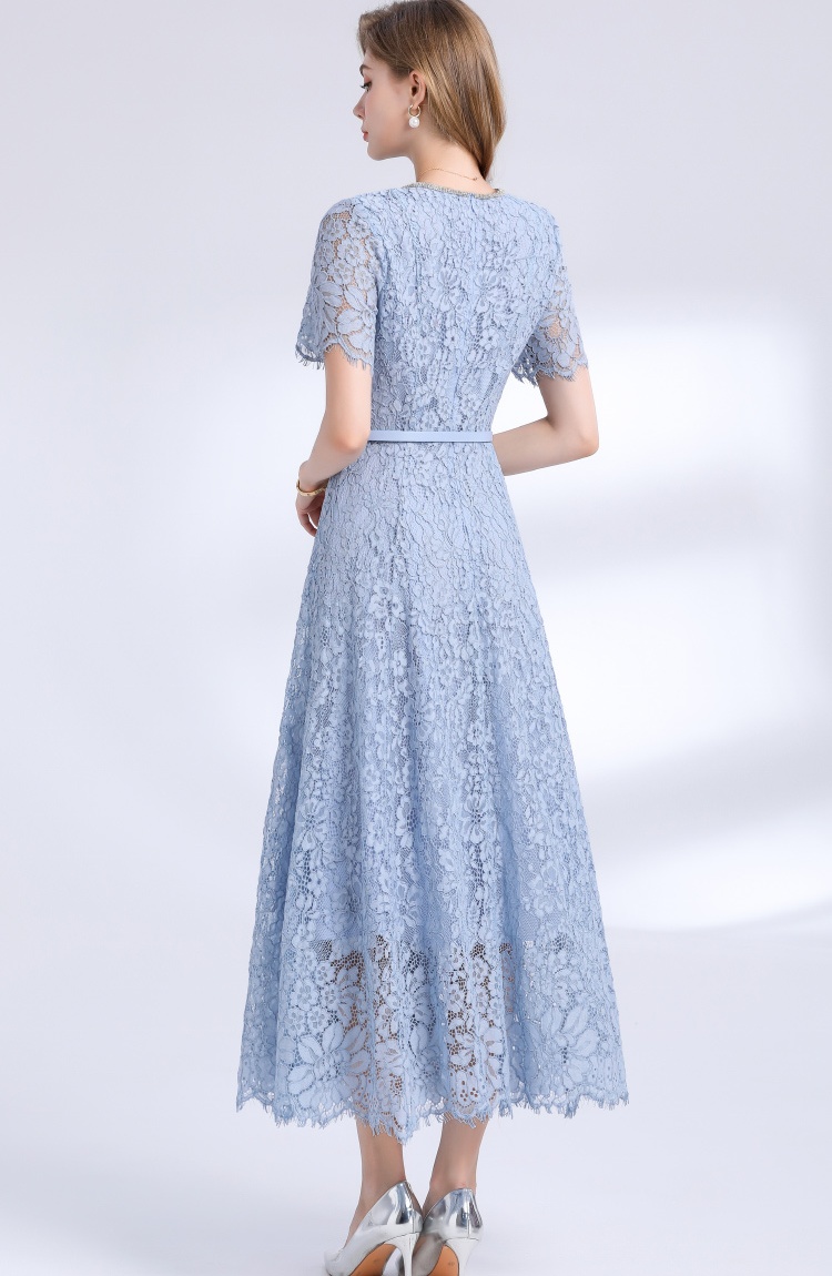 Short sleeve commuting rhinestone round neck dress