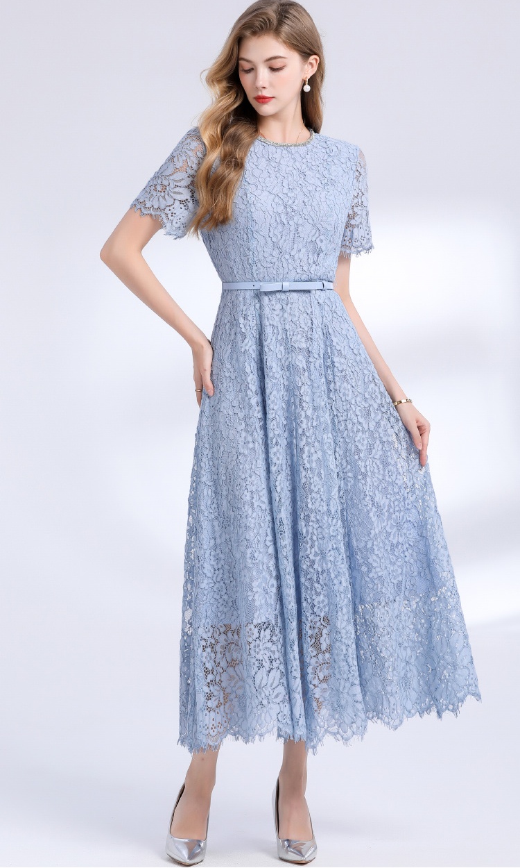 Short sleeve commuting rhinestone round neck dress