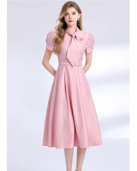 Elegant with belt pinched waist short sleeve dress