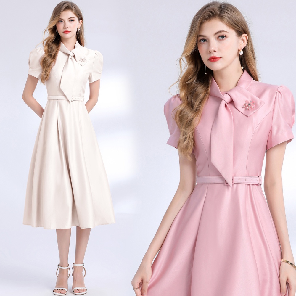 Elegant with belt pinched waist short sleeve dress
