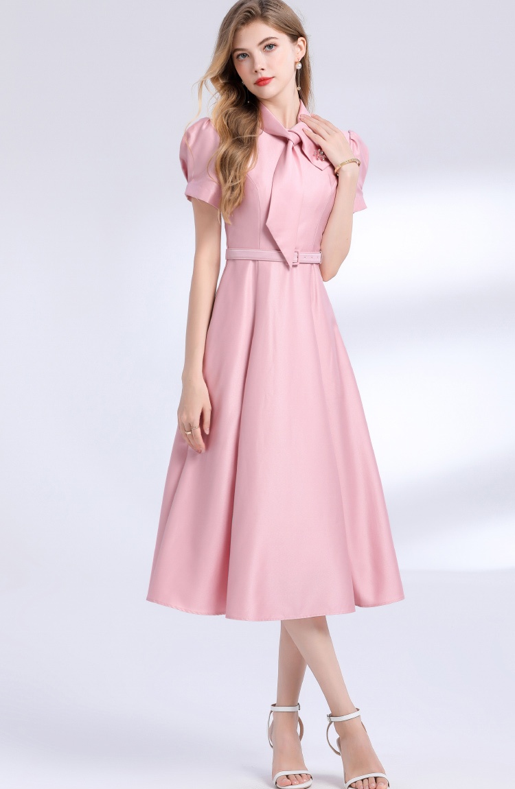 Elegant with belt pinched waist short sleeve dress