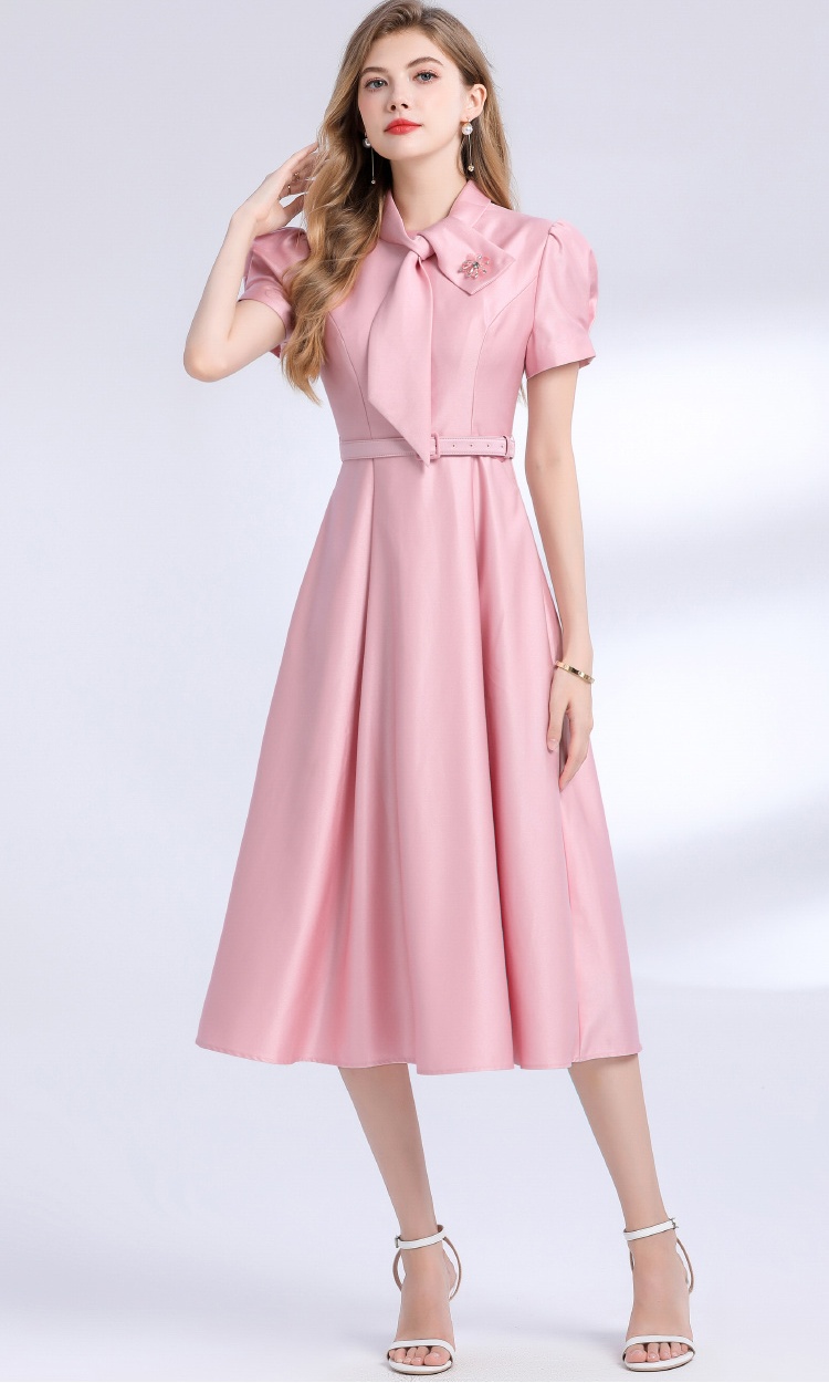 Elegant with belt pinched waist short sleeve dress